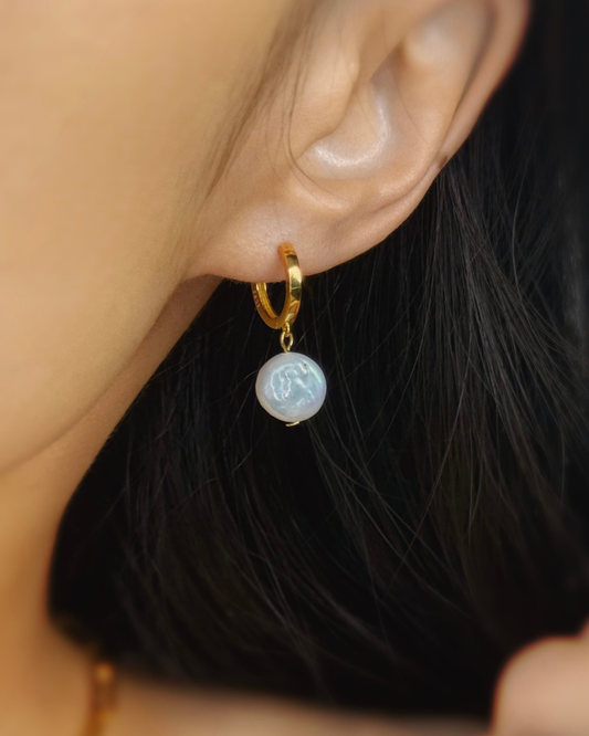 LUNA Baroque Button Pearl Drop Huggie Hoop Earrings