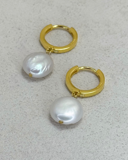 LUNA Baroque Button Pearl Drop Huggie Hoop Earrings